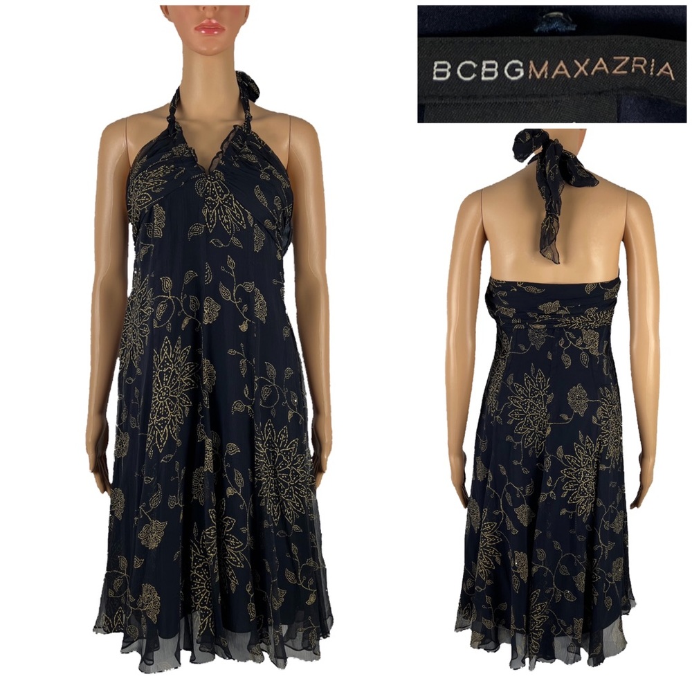 BCBG Max Azria Womens XXS XS Dress 100% Silk Floral Print Blue Knee Bust 29” EUC